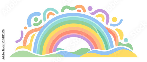 фотографія Pastel Rainbow Arc with Abstract Swirls and Hills