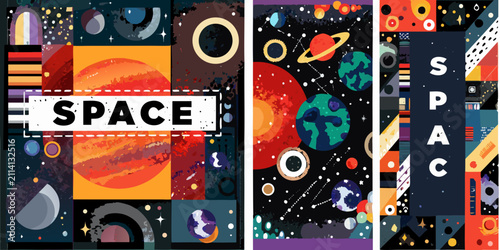 Foto space themed colorful retro vector posters planets stars galaxy cosmos astronomy