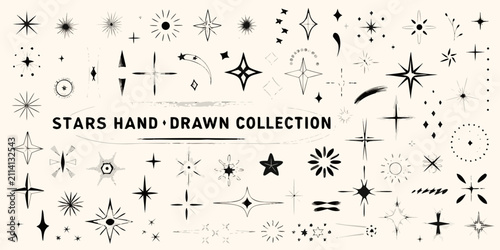 stars hand drawn collection black and white sketchy patterns on cream background hand drawn astronomy cosmic stellar space artwork illustration design graphic element icon