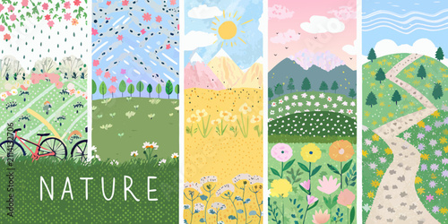 nature scenes detailed vector illustration landscape flowers trees mountains sun sky clouds pathway bike spring summer autumn winter outdoor environment ecology seasonal scenic