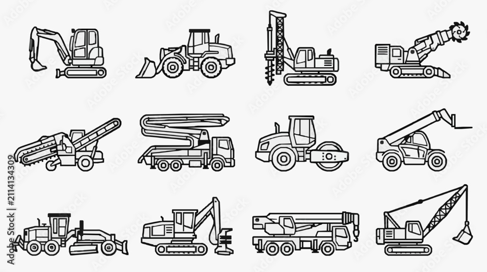 Obraz premium Construction Equipment Lineup Illustration.