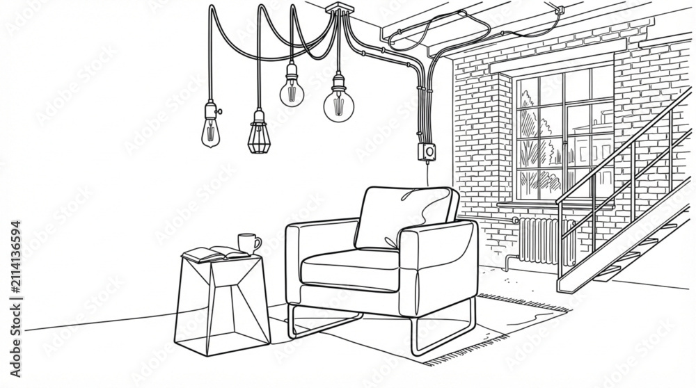Fototapeta premium Modern continuous line art room interior vector design bold black one line furniture sketch for architecture brand
