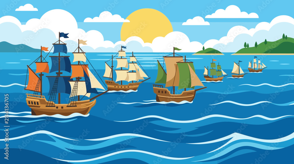 Obraz premium Fleet of Historical Sailing Ships Navigating Across a Sunny Ocean