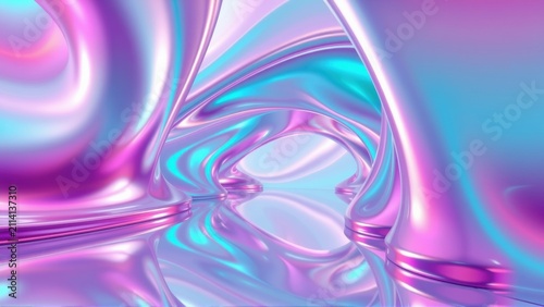 Abstract fluid shapes, vibrant pinks, blues reflect. Smooth curves create futuristic tunnel illusion. Dark background emphasizes luminosity.
