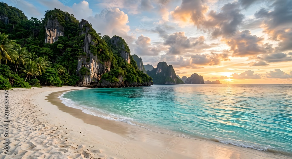 Fototapeta premium Tropical white sand beach with turquoise clear ocean water and dramatic limestone cliffs at golden sunset.