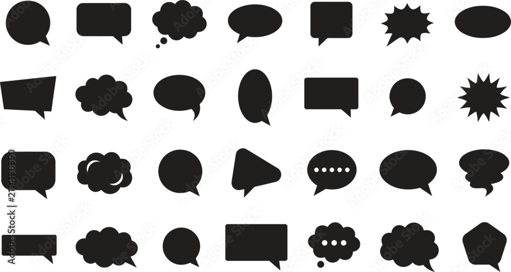 Fototapeta premium A comprehensive vector icon set featuring various black speech bubbles and thought balloons for creative design projects and digital communication interface elements