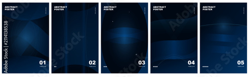 Set of five minimalist dark blue abstract poster templates with geometric wave with templates
