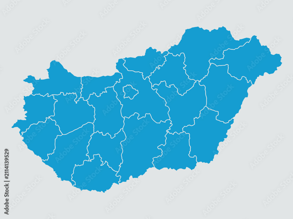 Fototapeta premium Blue Map of Hungary with White Administrative County Borders