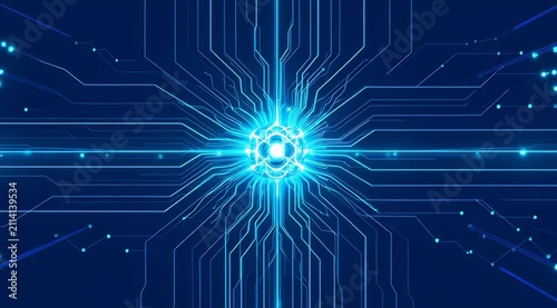 glowing blue digital circuit board lines pulsing with light energy, technology background for data transfer, network connection, cybersecurity, artificial intelligence
