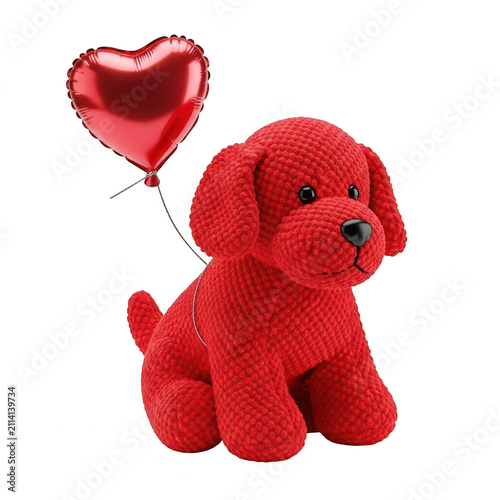 Cute red plush dog toy with heart balloon isolated on transparent background