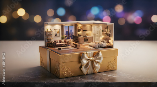 Miniature modern apartment interior inside a luxury golden gift box