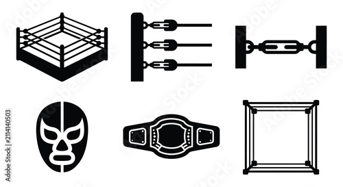 Wrestling Ring Mask And Championship Belt Black Silhouette Collection On White Background