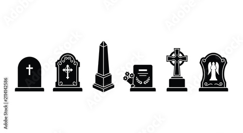 Bild auf Leinwand Gravestone Silhouettes On White Background A Collection Of Memorial Stone Shapes