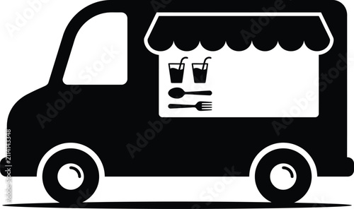 Black and white food truck icon with drinks and utensils Vector