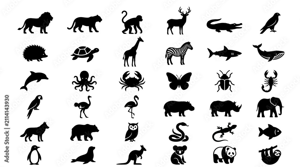 Fototapeta premium Set of black wild animal silhouettes including lion tiger giraffe elephant and fauna icons isolated on white background, perfect for educational design, logo creation and graphic art