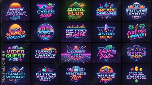 Retro 80s synthwave glowing neon badges and futuristic logo emblems collection on dark background, perfect for graphic design projects, vintage apparel printing and gaming merchandise