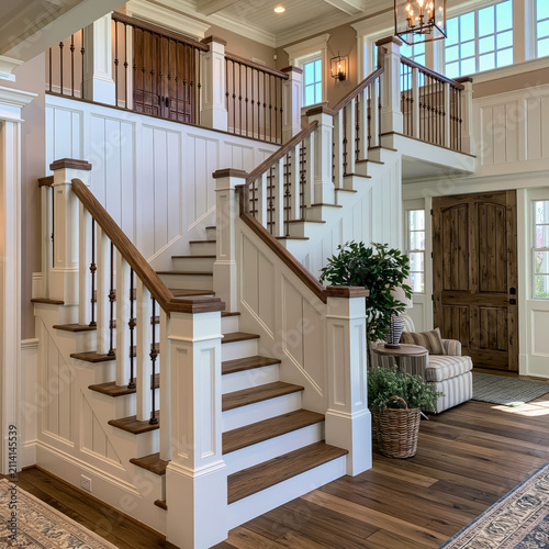 Staircase with iron spindle and oak handrail in bright entry hall