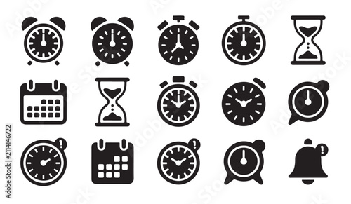 Obraz na plátně Collection of modern and vintage timekeeping icons including clocks, hourglass, and calendar