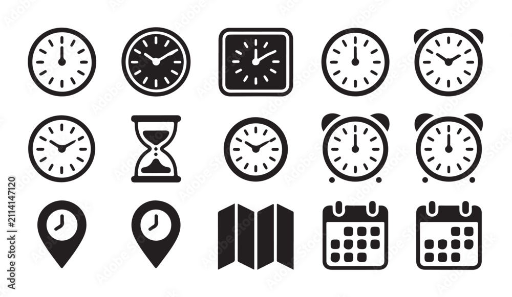 Fototapeta premium Assorted clock and watch icons collection featuring alarm clocks square faces hourglass and calendar symbols.