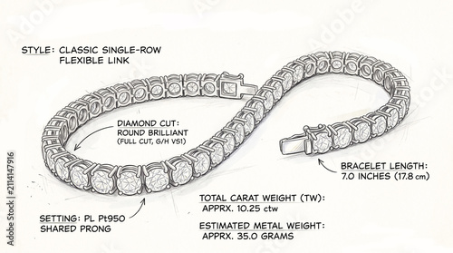 Solitaire Diamond Single Line Tennis Bracelet Sketch with GB Lock and Detail Approximation Estimation 