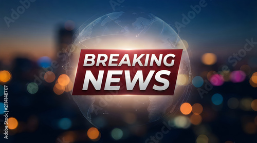 Breaking news broadcast graphic with red banner and globe on blurred city lights background