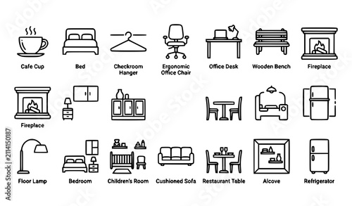 Tableau sur toile Modern Thin Line Interior Furniture and Hospitality Icon Set with Cafe Office Be