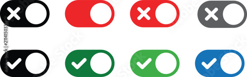 Toggle switch icons showing on and off states in black red green and blue with checkmarks and crosses