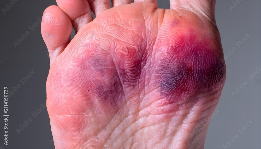 Fototapeta premium Heel bruising from plantar fascia injury, bottom view of foot showing skin trauma and inflammation
