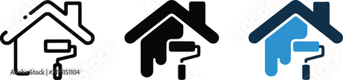 Home renovation painting icon set with house and roller brush symbols.