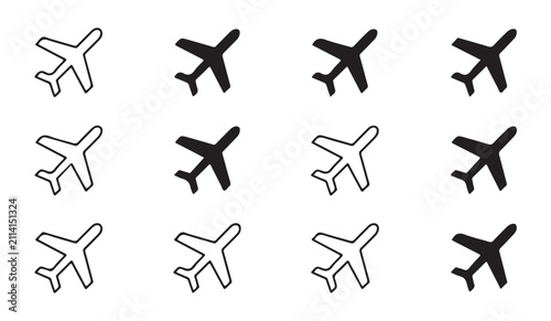 Set of airplane icons in various outline and solid styles, vector illustration on white background.
