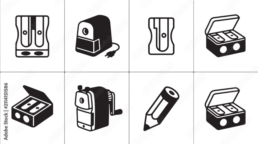 Fototapeta premium Set of eight office supply icons in black and white Vector