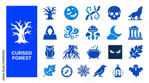 Konstfotografi Spooky cursed forest icon set with mystical halloween elements