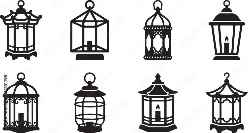 Naklejka premium Eight different vintage style outdoor lantern designs Vector