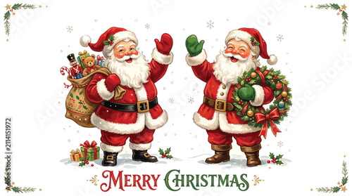 Two cheerful Santa Clauses waving with gifts and decorations in a festive holiday setting scene