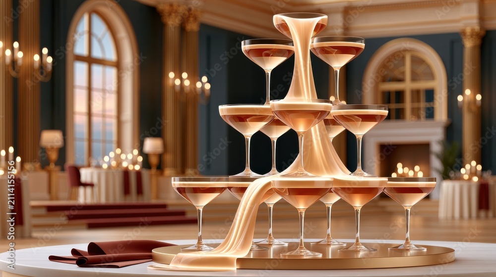 Obraz premium Christmas tree made from stacked champagne coupes filled with golden liquid in elegant ballroom