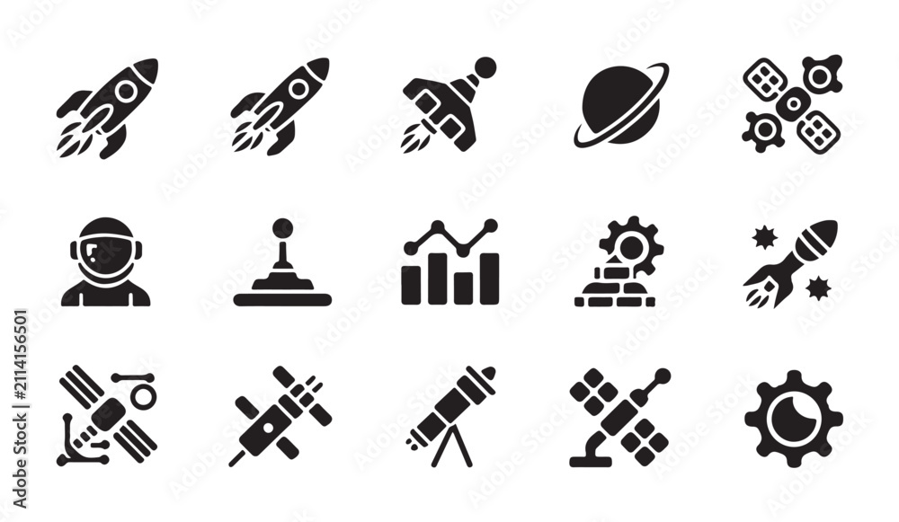 Fototapeta premium Space and astronomy black silhouette icons set for web design and mobile application. vector illustration.