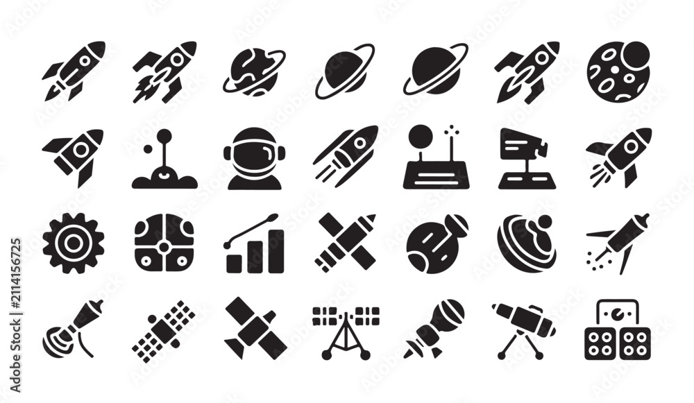Fototapeta premium Space science and rocket launch icons collection with astronaut gear satellite observatory vector shapes.