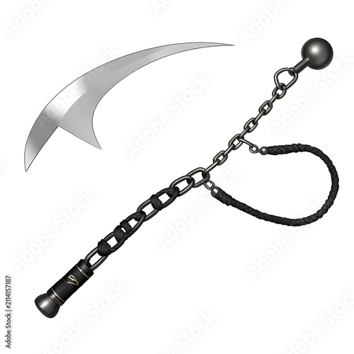 Kusarigama weapon with curved blade and chain for martial arts display and training.