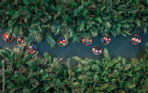 Aerial view of the natural scenery of basket boats on the Thu Bon River in Hoi An Ancient Town, Vietnam