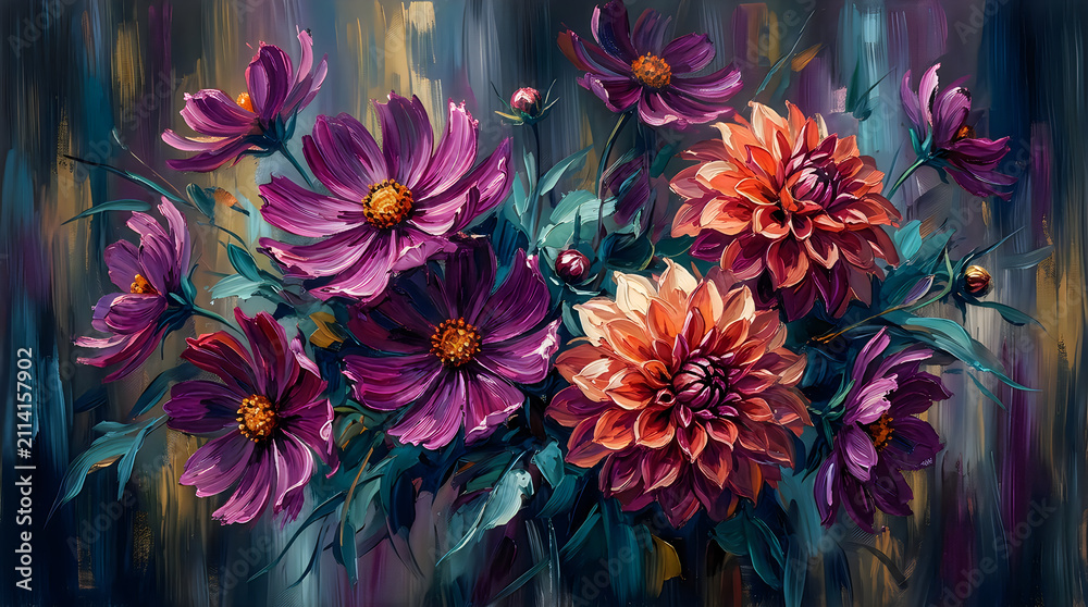 Fototapeta premium Vibrant floral artwork with purple and orange flowers