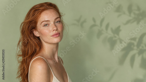 Freckled redhead woman with long wavy hair and natural makeup posing against green background with leaf shadows, serene expression