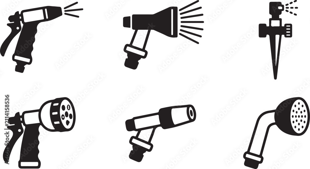 Fototapeta premium Six types of sprayer nozzles and shower head icons Vector
