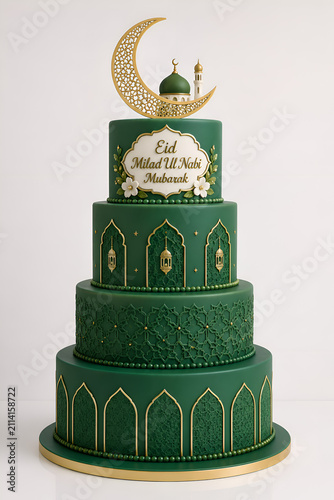 Emerald Green and Gold Islamic Celebration Cake on Black Background