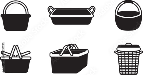 Foto Six different styles of black baskets and picnic baskets with handles Vector