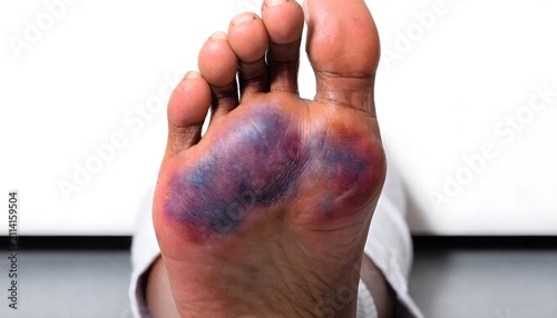 Severe Lisfranc midfoot injury with visible skin discoloration and swelling, dorsal view of foot