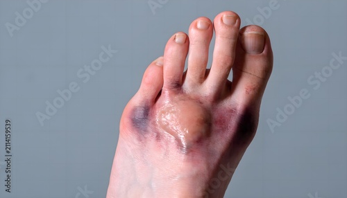 Midfoot trauma with Lisfranc injury bruising and swelling, dorsal view medical documentation photo