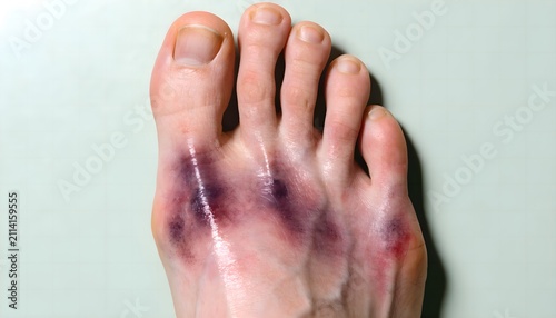 Midfoot trauma with Lisfranc injury bruising and swelling, dorsal view medical documentation photo