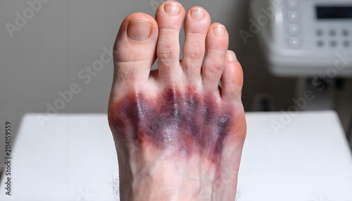 Midfoot trauma with Lisfranc injury bruising and swelling, dorsal view medical documentation photo