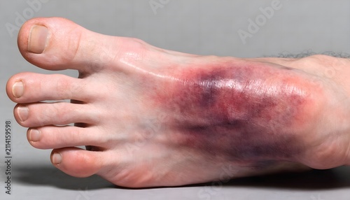 Dorsal view photo of foot showing Lisfranc fracture dislocation symptoms and midfoot bruising