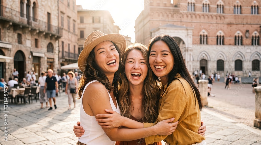 Fototapeta premium Three Women Friends Laughing Together in Historic Italian Square